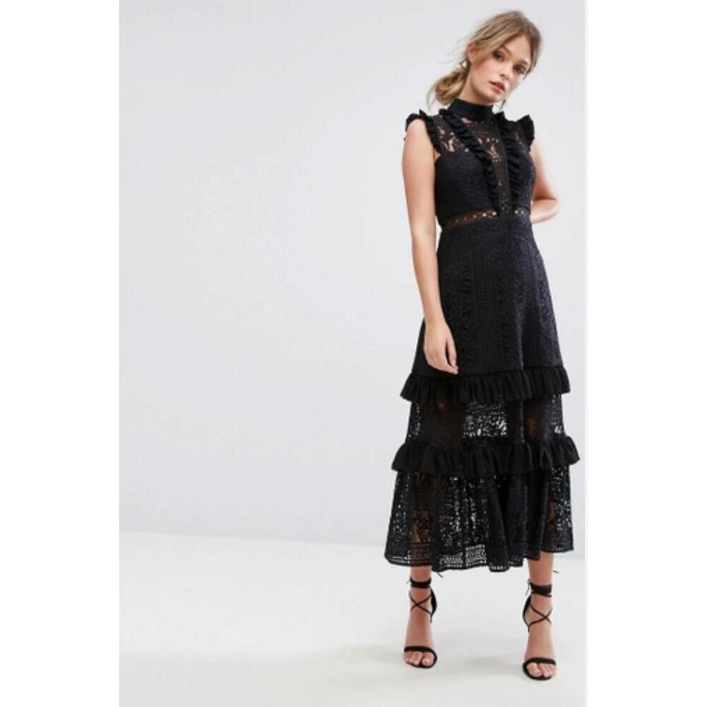 Three Floor Ruffle Illusion Lace Dress in Black Size 2